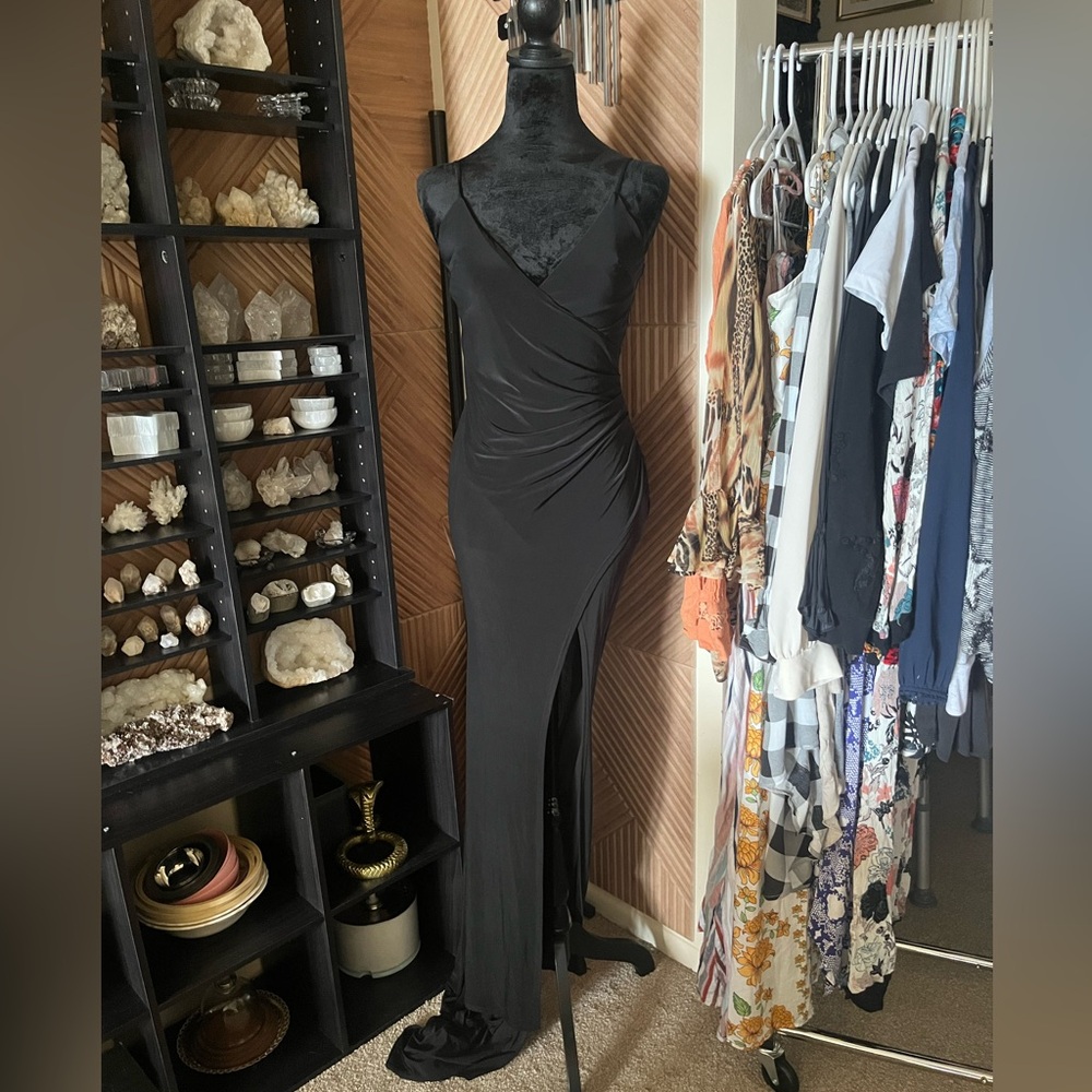 Club London wrap front sleeveless thigh split body con formal slinky black dress